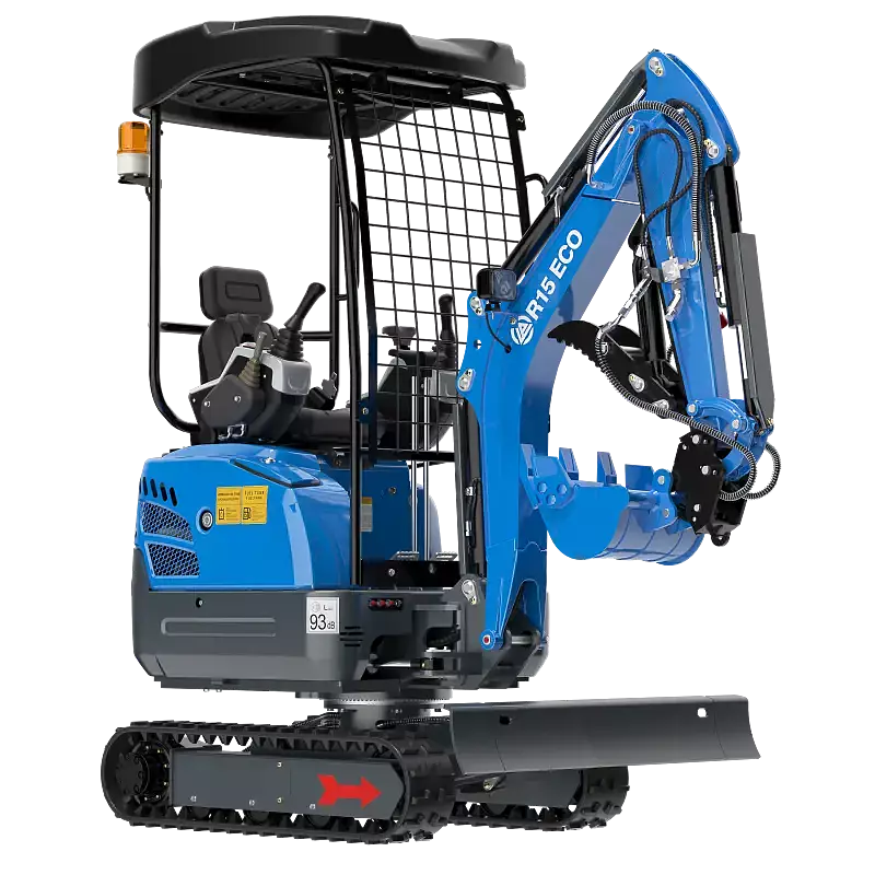 Sininen minikaivinkone mustalla taustalla, jossa on ohjaamo, tela-alusta ja kaivuvarsi.