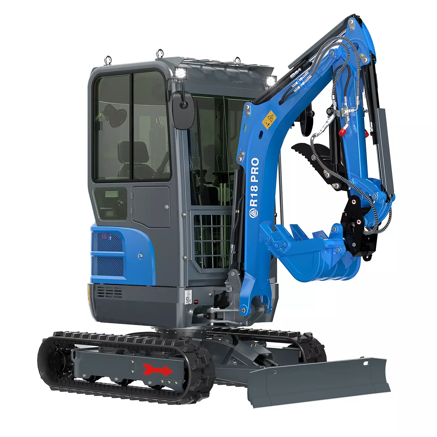 Sininen ja harmaa pienkaivinkone, jossa on telaketjut ja kauha, valkoisella taustalla.