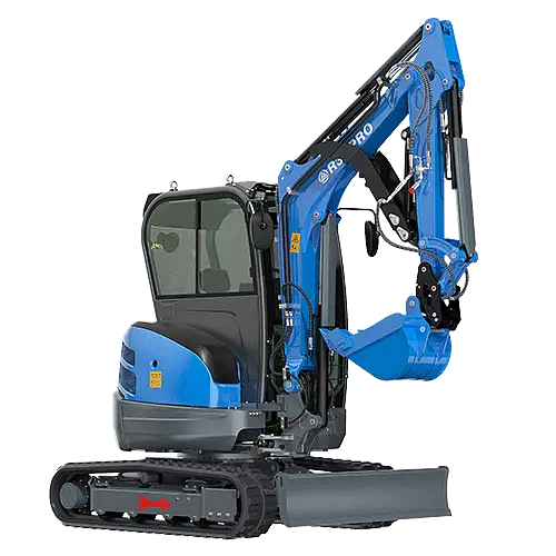 Sininen kaivinkone mustalla taustalla, jossa on ohjaamo, tela-alusta ja kaivuvarsi.